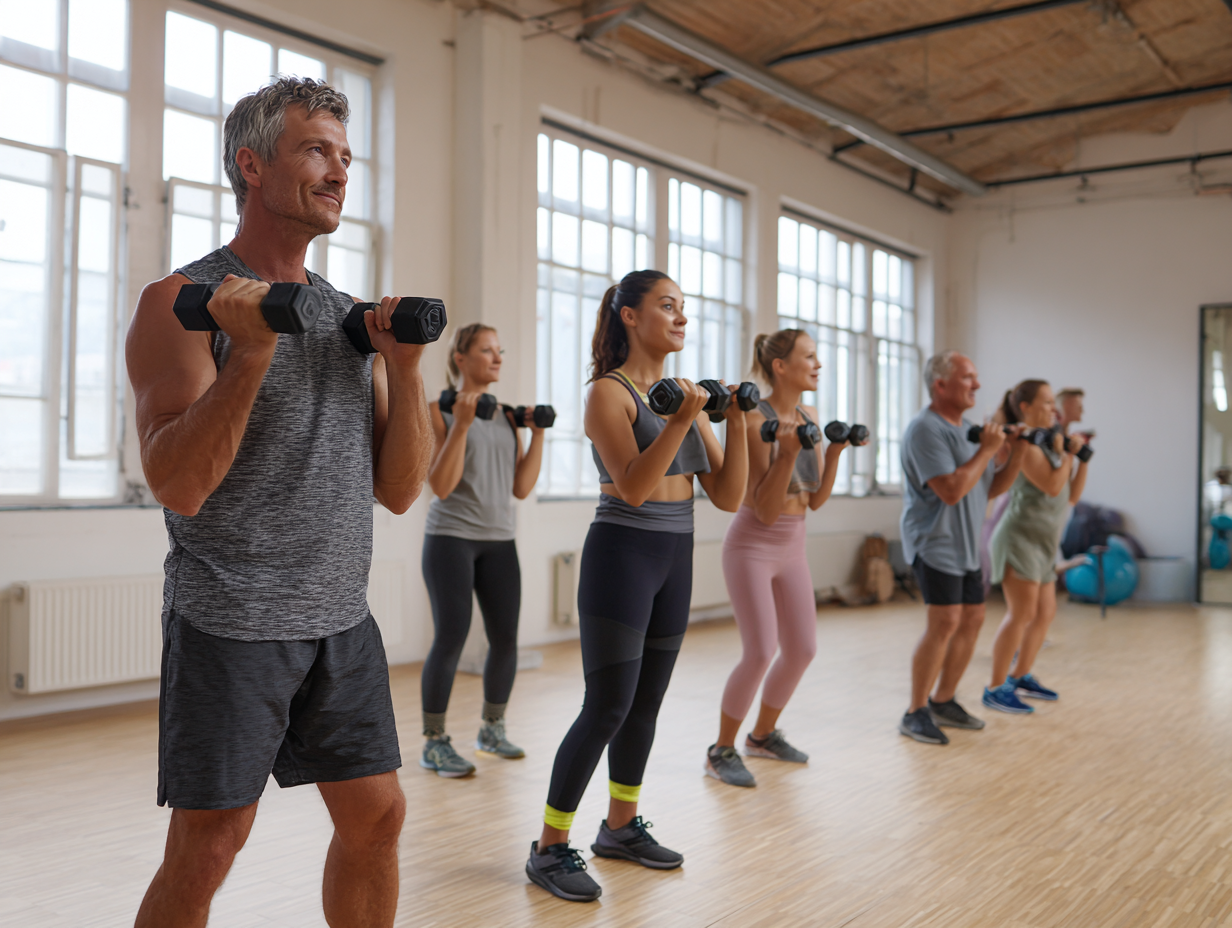 Echipă diversă de antrenori de diferite vârste demonstrând exerciții