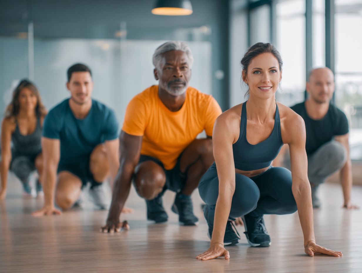 Grup de oameni de vârste diferite participând la sesiune fitness